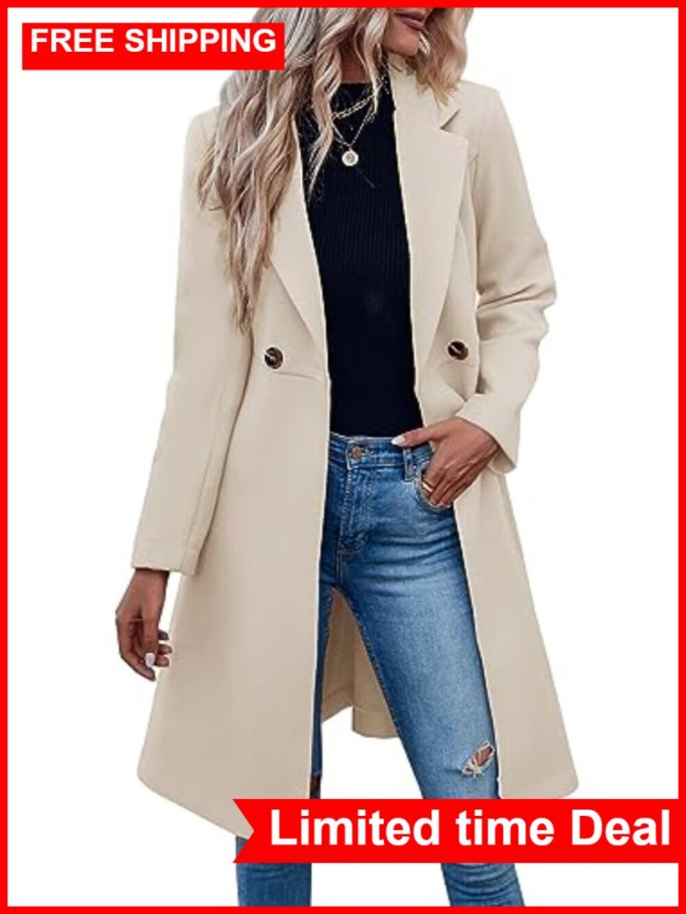 Fazortev Women's Pea Trench Coat Double Breasted Winter Overcoat